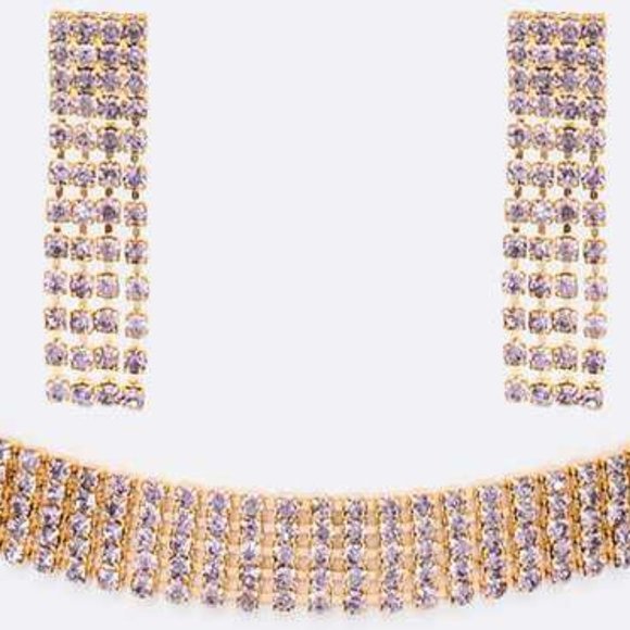 5 Row Color Crystal Rhinestone Choker Set - Gold/Purple - Picture 2 of 2